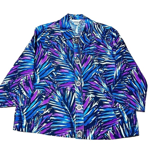 Crazy Floral‎ Jacket Womens Medium Button Up Abstract Blue Long Sleeve Beach EUC - Picture 1 of 6